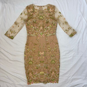 Marchesa Notte Beige Floral Embroidered Long Sleeve Tulle Short Dress Women 12